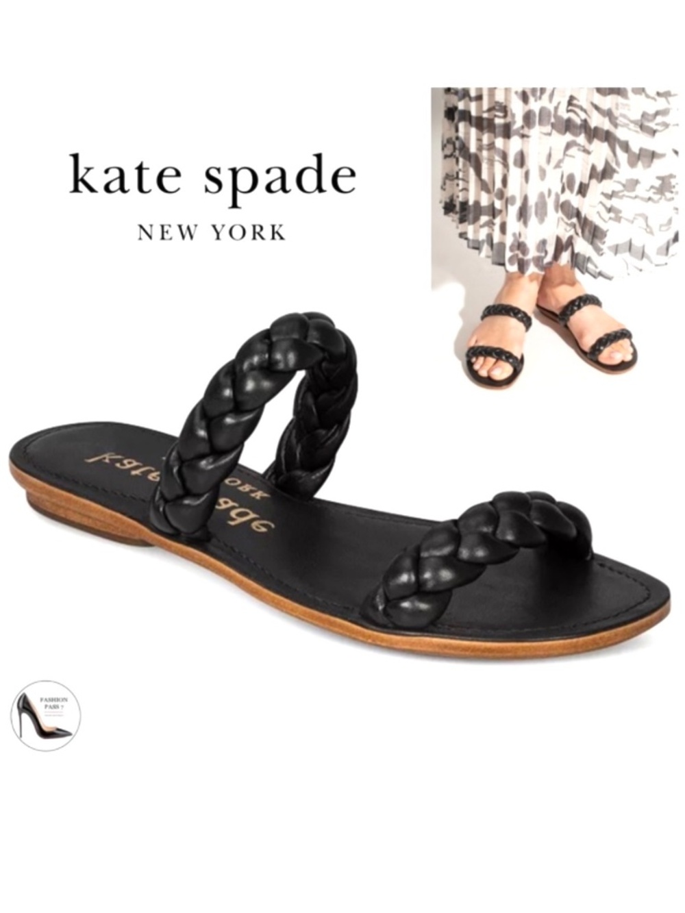 Kate Spade Miami Black Leather Slide Sandals Pumps Summer Flat Shoes Mules 7